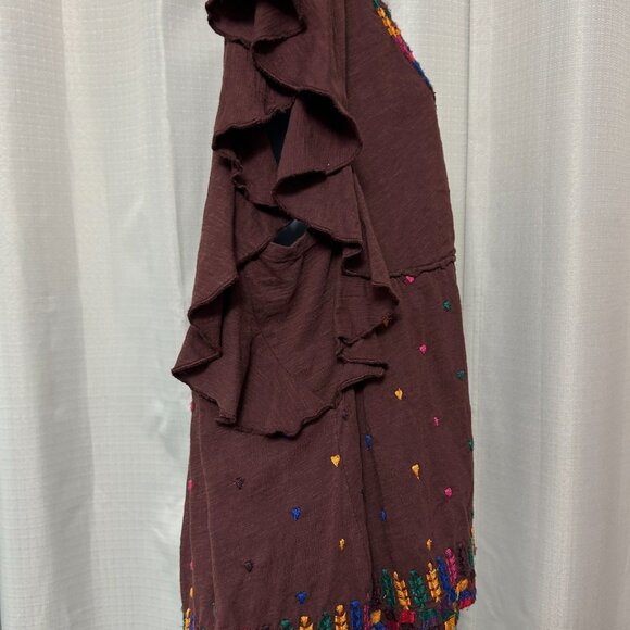 By Anthropologie Flutter Sleeve V-Neck Embroidered Top Women's Size L Maroon - Picture 3 of 9